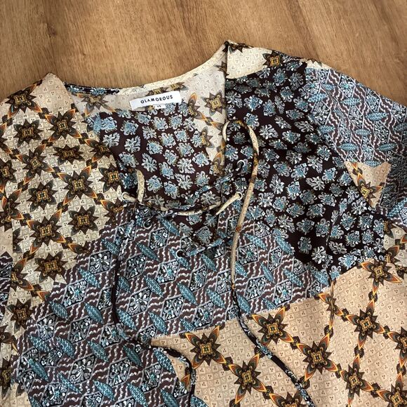 Glamorous Patchwork Geometric Floral Smock Maxi Dress Womens Size Large - Picture 7 of 14